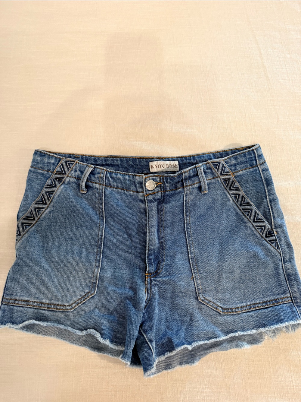 Knox Rose Blue Denim Shorts with Embroidered Trim